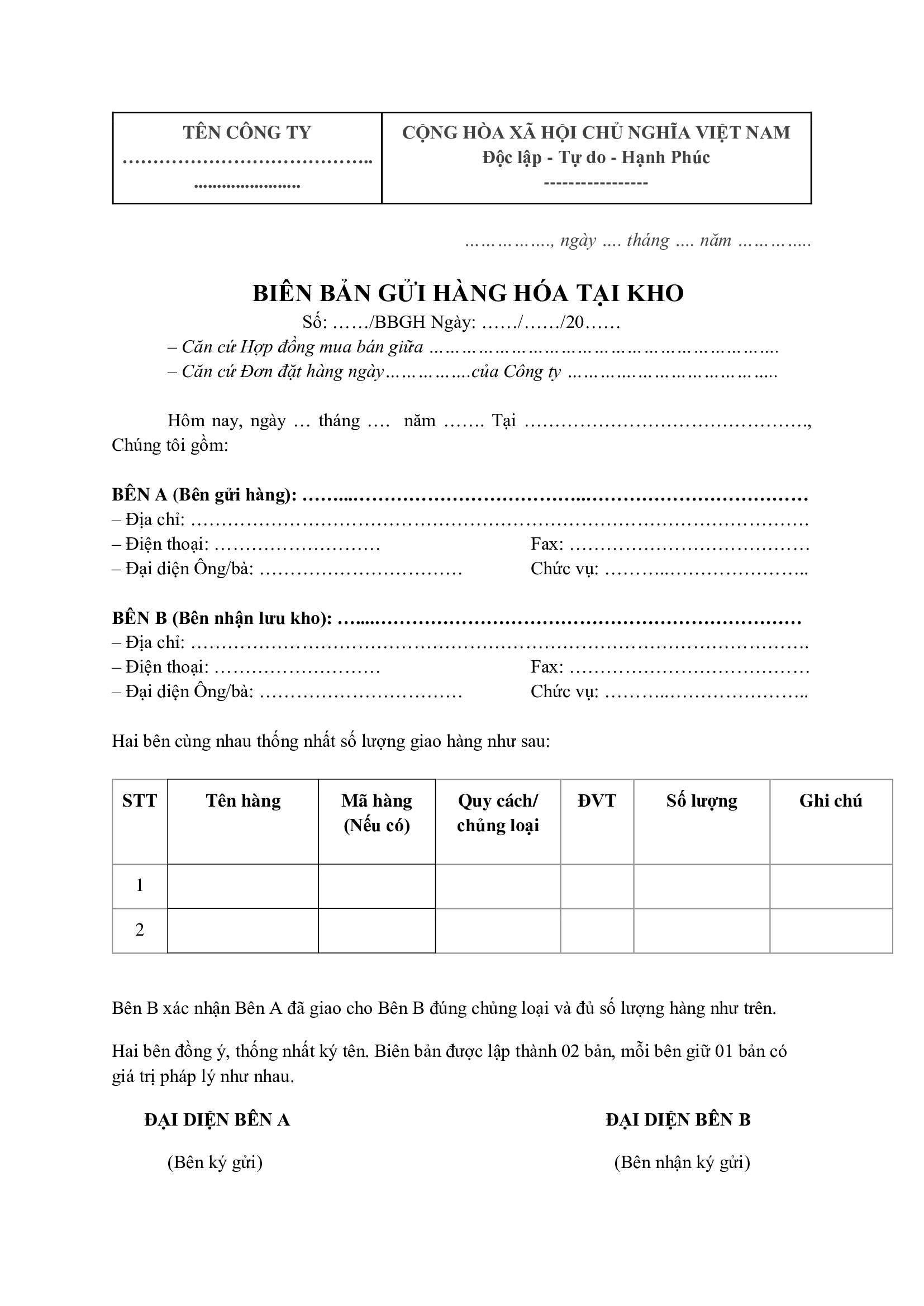 Mẫu biên bản gửi hàng tại kho