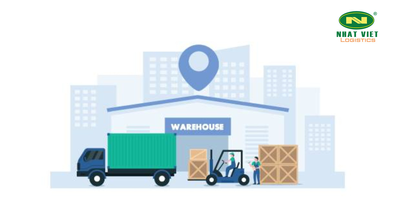 Minh họa quy trình thuê kho logistics với xe tải, xe nâng và hoạt động bốc xếp hàng hóa
